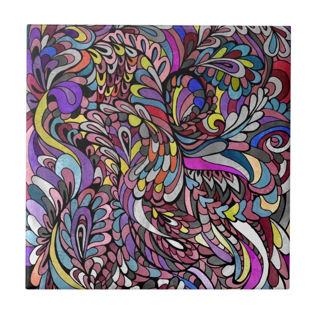 Purple Peacock Multicolor Funky Paisley Groovy Ceramic Tile (Front)