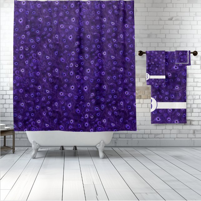 Purple Peacock Paradise  Shower Curtain (Purple Peacock Paradise shower curtain and matching monogram towel set.)