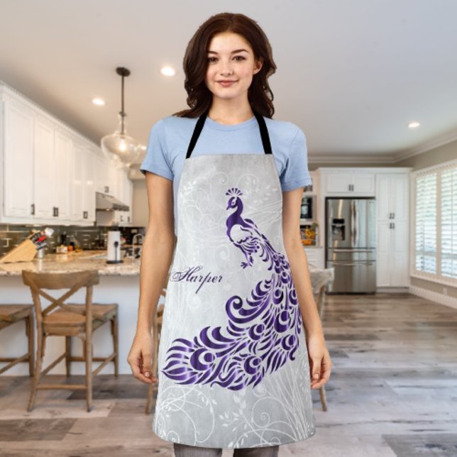 Purple Peacock Personalise Print Apron (Purple Peacock Personalized Apron)