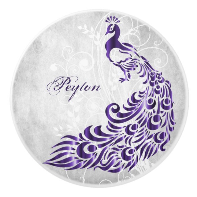 Purple Peacock Personalised Ceramic Knob (Front)