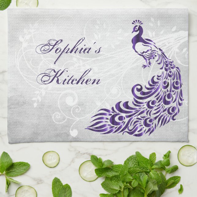 Purple Peacock Personalised Kitchen Towel (Folded)