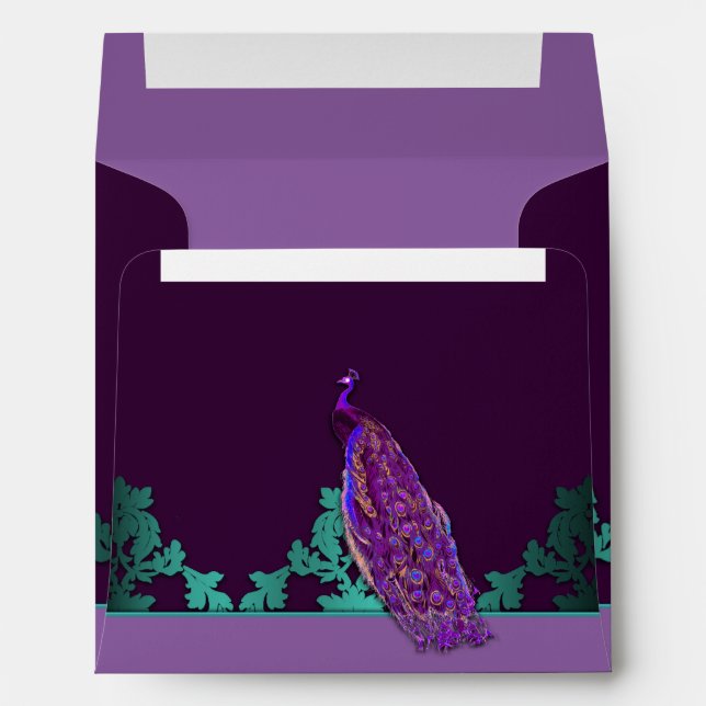 Purple Peacock & Teal Damask Wedding Envelopes (Back (Bottom))
