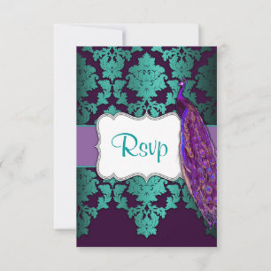 Purple Peacock & Teal Damask Wedding RSVP Cards