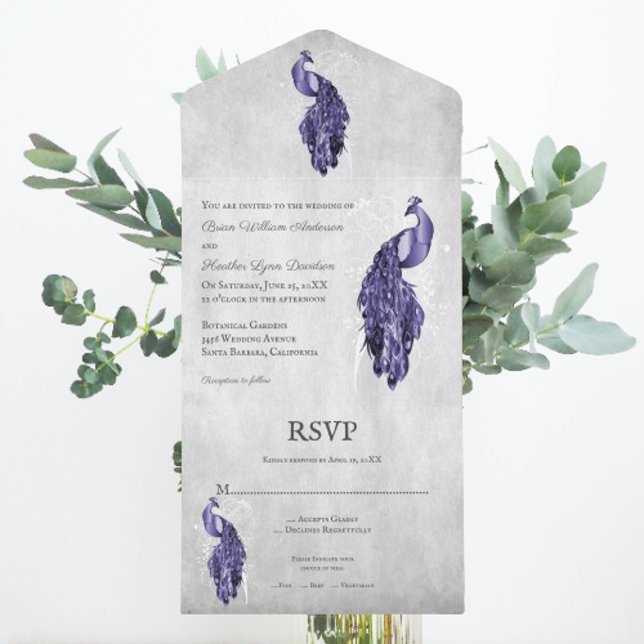 Purple Peacock Wedding All In One Invitation (Purple Peacock All in One Wedding Invite)