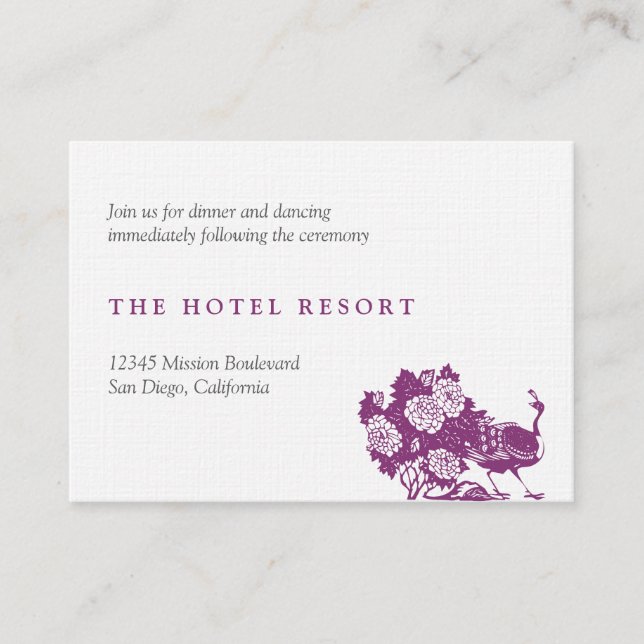Purple peacock wedding reception enclosure cards (Front)