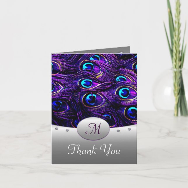 Purple Peacock Wedding Thank You Cards - Tall (Front)
