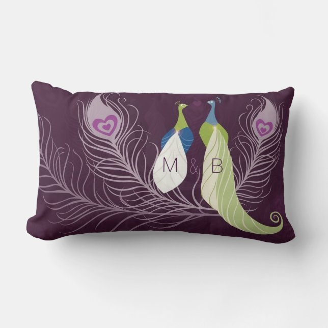 Purple Peacocks Pair Wedding Anniversary Custom Lumbar Cushion (Front)