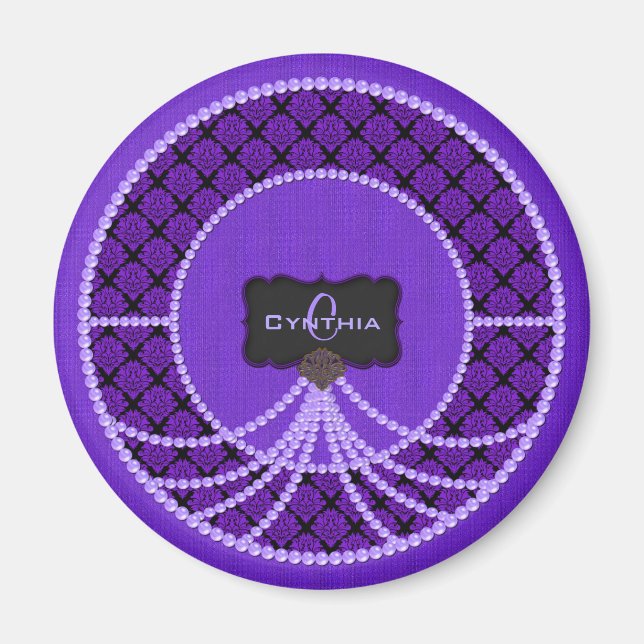 Purple Pearl Damask-Round Magnet (Front)