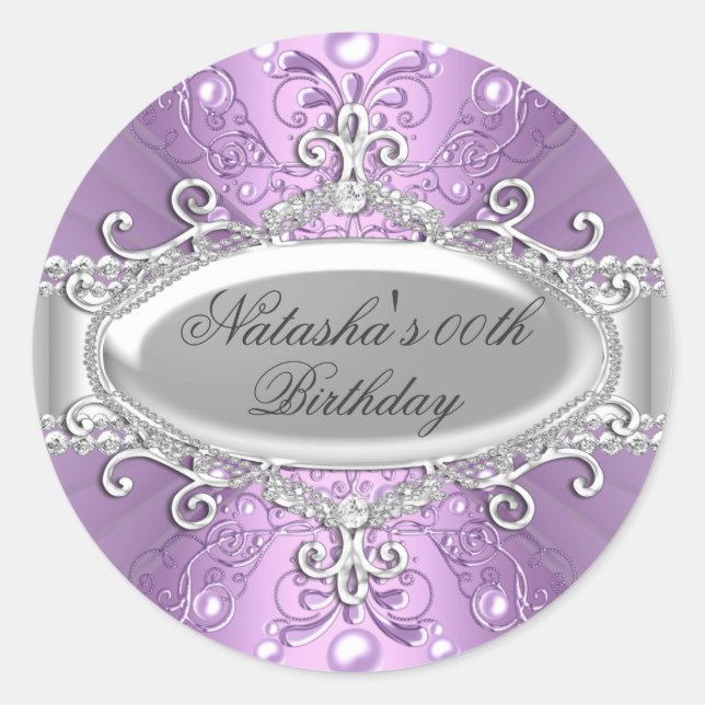 Purple Pearl & Diamond Damask Birthday Sticker (Front)