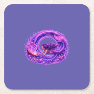 Purple Pearl Seeker Mermaid Fantasy Wave Art Square Paper Coaster