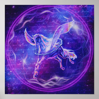 Purple Pegasus | Neon Winged Horse Galaxy Art Poster