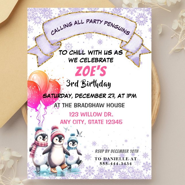 Purple Penguins Ice-skating Birthday Invitation (Creator Uploaded)