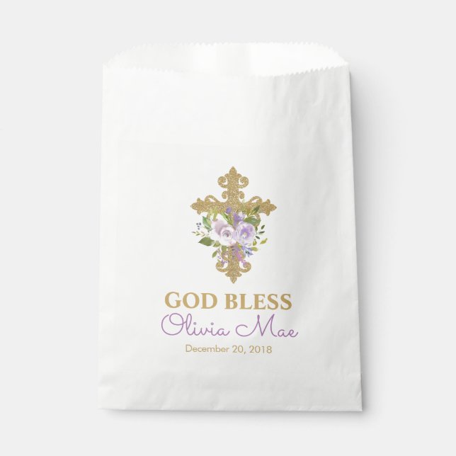 Purple Peonies Baptism Favour Bags (Front)