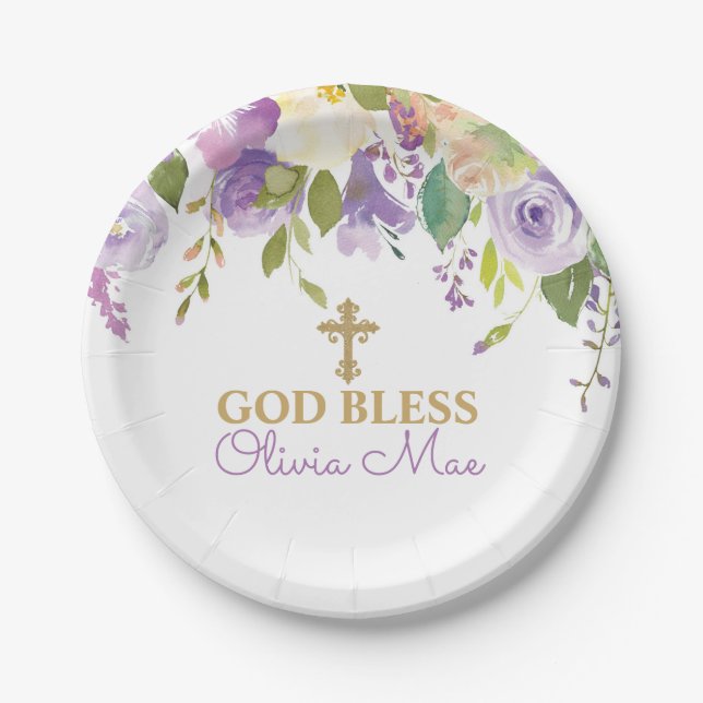 Purple Peonies Baptism Personalised Paper Plates (Front)