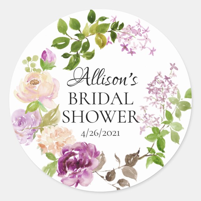 Purple Peonies Bridal Shower Favour Classic Round Sticker (Front)