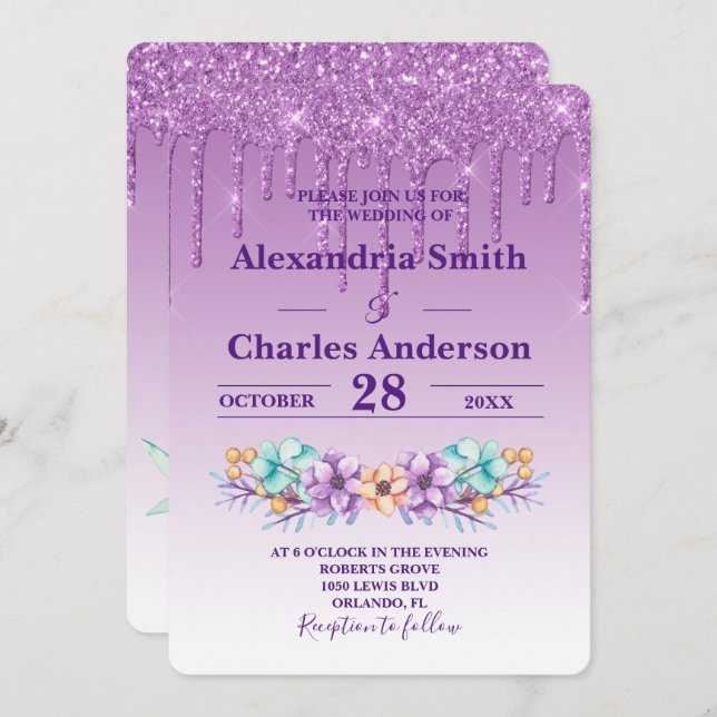 Purple Peonies Dripping Glitter Wedding Invitation (Front/Back)