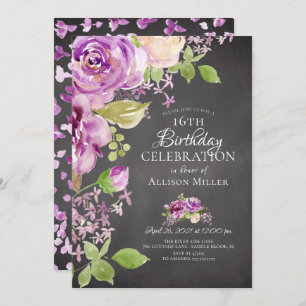 Purple Peonies Floral 16th Birthday  Invitation