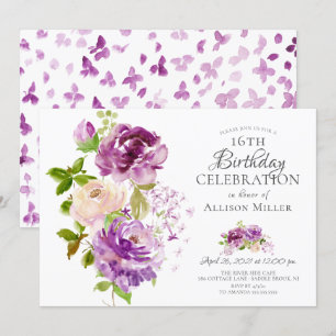 Purple Peonies Floral 16th Birthday  Invitation