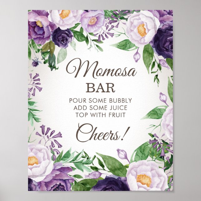 Purple Peonies Floral Baby Shower Momosa Bar Poster (Front)
