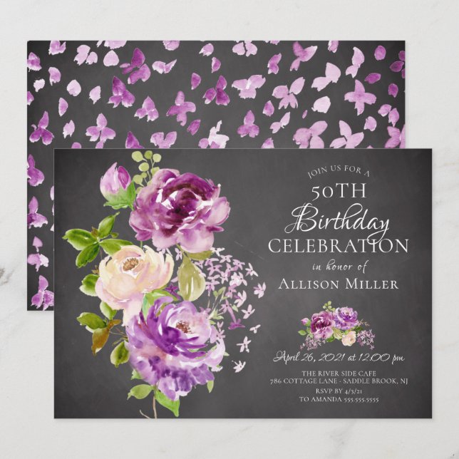 Purple Peonies Floral Birthday  Invitation (Front/Back)