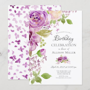 Purple Peonies Floral Birthday Party Invitation