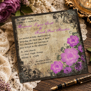 Purple Peonies Floral Vintage Wedding Invitation