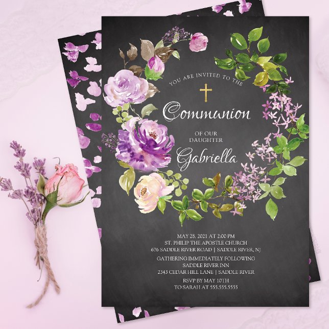 Purple Peonies Floral Wreath Communion Invitation (Creator Uploaded)