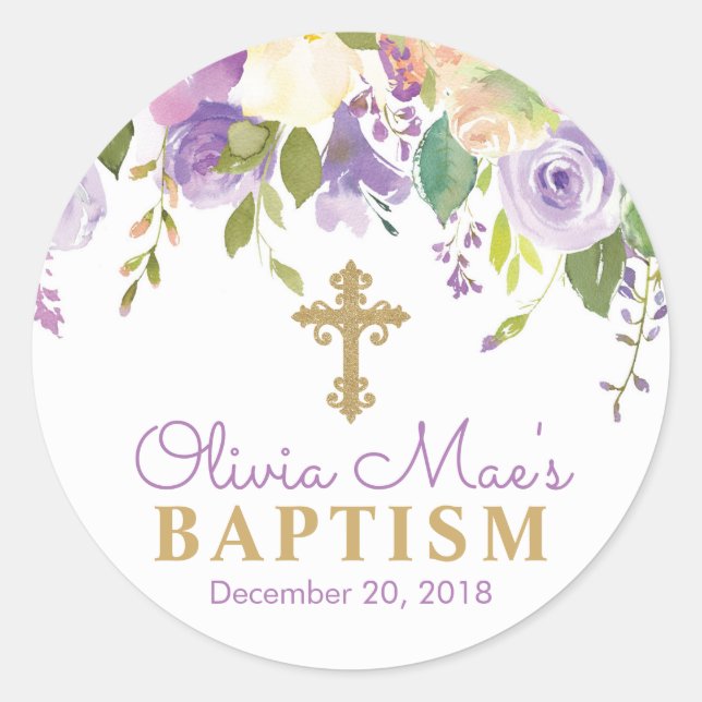 Purple Peonies Girl Baptism Favour Tag Stickers (Front)