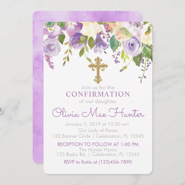 Purple Peonies Girl Confirmation Invitation (Front/Back)