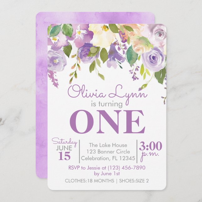 Purple Peonies Girl First Birthday Invitation (Front/Back)