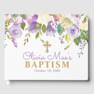 Purple Peonies Girl Purple & Gold Baptism Guest Book