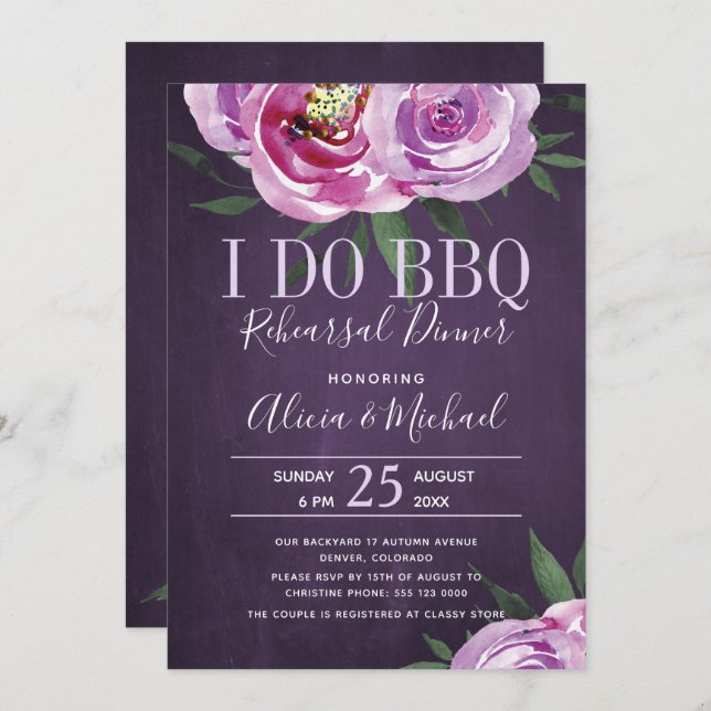 Purple peonies i do bbq wedding rehearsal dinner invitation (Front/Back)