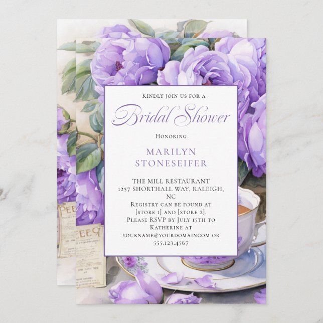 Purple Peonies White Daisies in Mason Jar | Invitation (Front/Back)