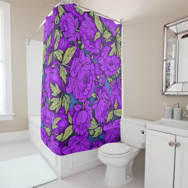 Purple Peonies with Gold Leaves Shower Curtain (In Situ)
