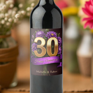 Purple Peony Bouquet Gold 30th Wedding Anniversary Wine Label