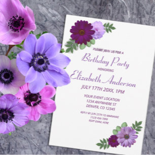 Purple Peony Floral Birthday Party Invitation