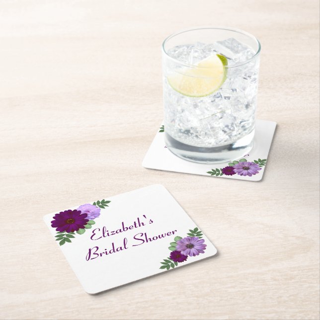 Purple Peony Floral Bridal Shower Square Paper Coaster (Insitu)