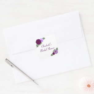 Purple Peony Floral Bridal Shower Square Sticker