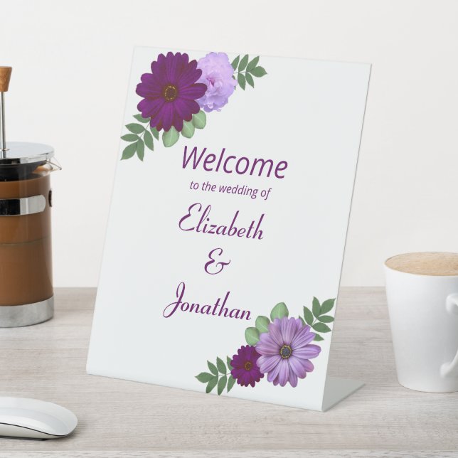 Purple Peony Floral Wedding Pedestal Sign (In SItu)