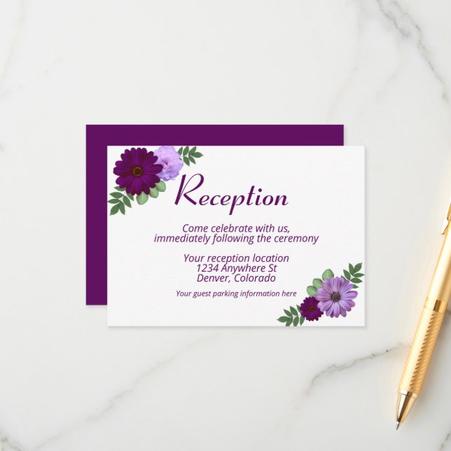 Purple Peony Floral Wedding Reception Enclosure Card (Front/Back In Situ)