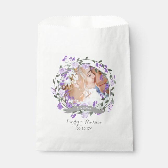 Purple Peony Floral Wreath Wedding Favour Bag (Front)
