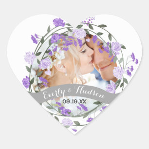 Purple Peony Floral Wreath Wedding Heart Sticker