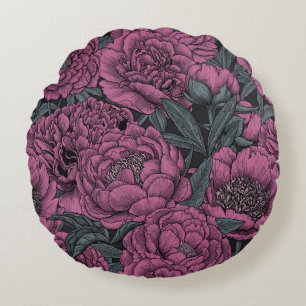 Purple peony flowers round cushion