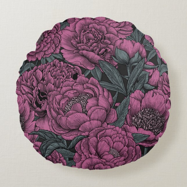 Purple peony flowers round cushion (Front)