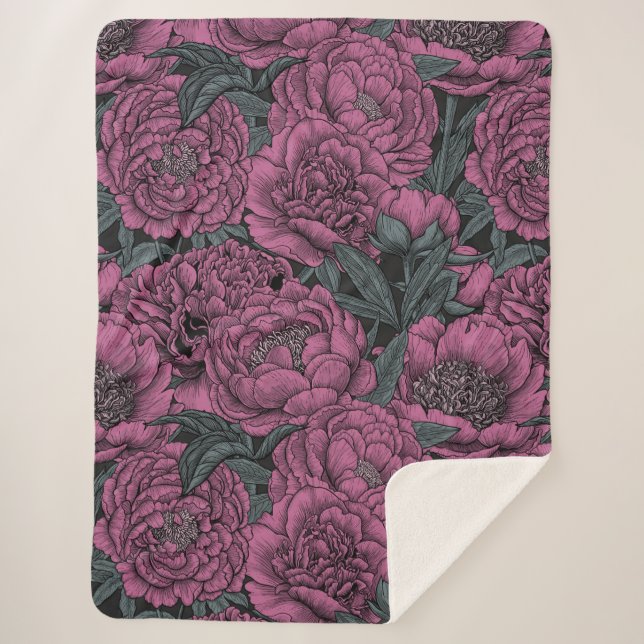 Purple peony flowers sherpa blanket (Front)