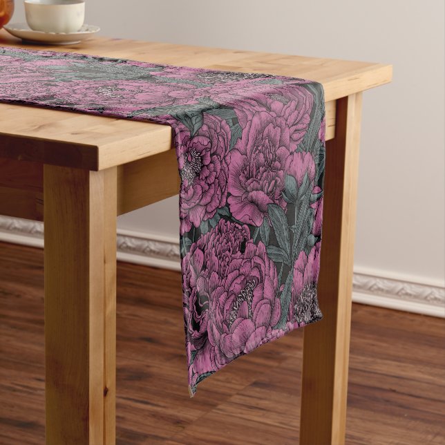 Purple peony flowers short table runner (In Situ)