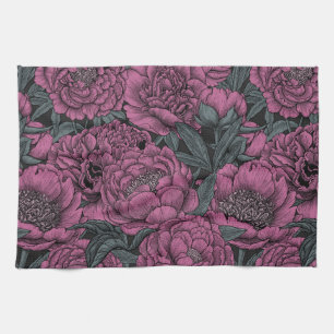 Purple peony flowers tea towel