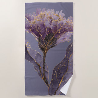 Purple Peony Inspired Floral Gold Accents Beach Towel