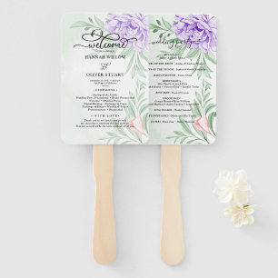 Purple Peony Rose Greenery Leaves Wedding Program Hand Fan