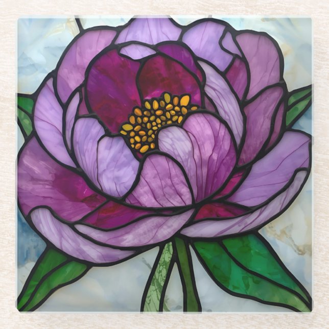 Purple Peony Stained  Glass Coaster (Front)
